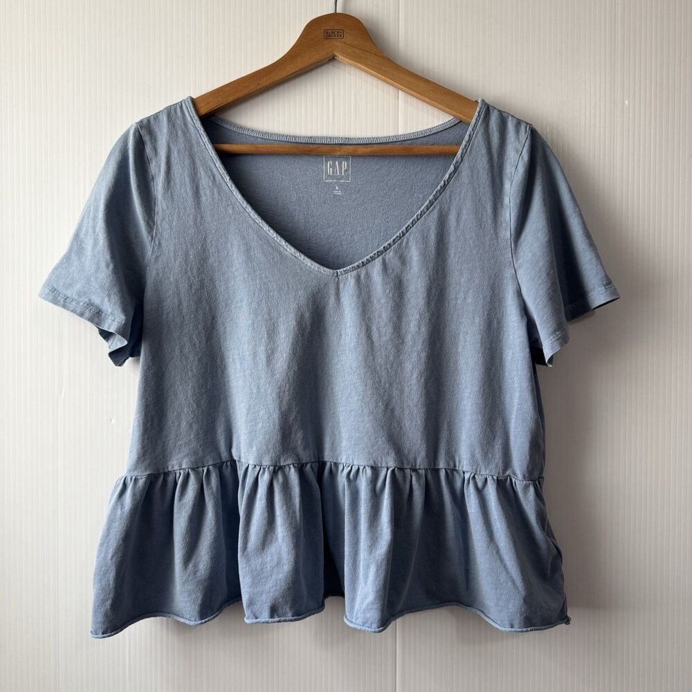 Gapv Vtg Style Womens V-Neck Peplum Short Sleeve Top Blouse Small Light Blue